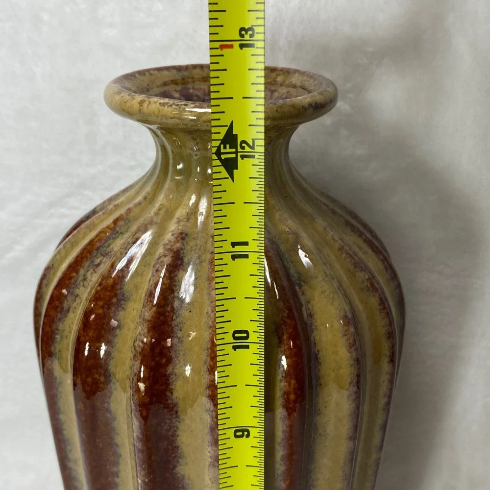 Vintage Fluted Ceramic Vase Earth Tones Striped Glaze Decorative Home Decor‎
